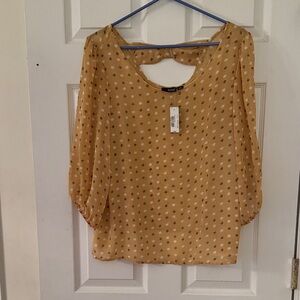A.N.A. A New Approach - Elegant Mustard Polka Dot & Leaves Blouse Size L - NEW